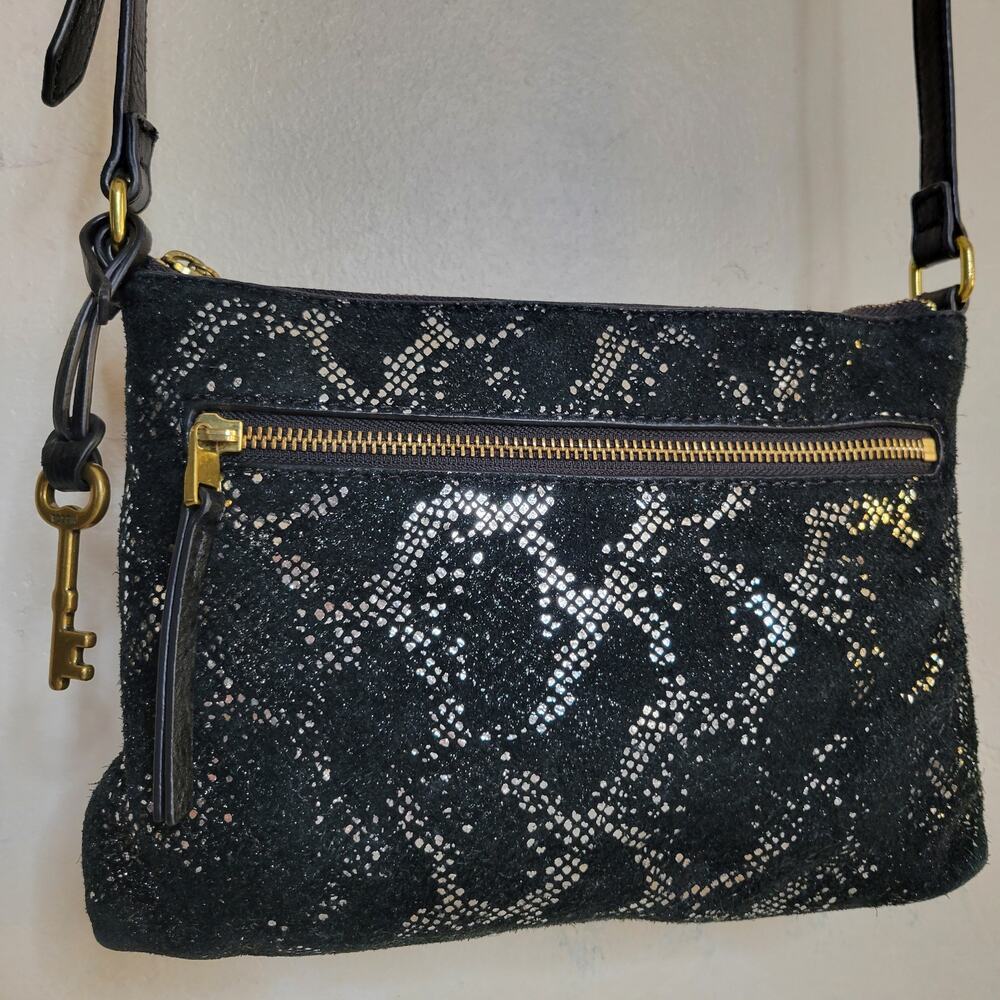FOSSIL Fiona Leather Suede Silver Metallic Snakeskin Small Crossbody Adjustable - Picture 12 of 12